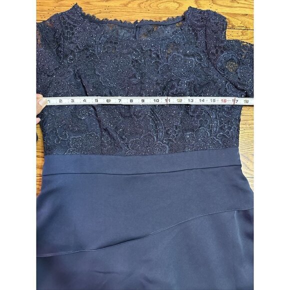 ADRIANNA Papell Blue Lace Dress Side Draped Ruched Sheer 3/4 Sleeve, Size 12 M5 - Picture 10 of 13